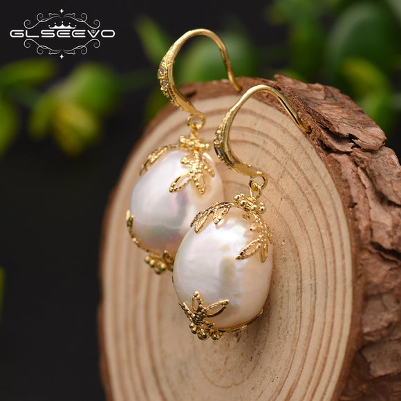 GLSEEVO Natural Fresh Water Baroque White Pearl Drop Fish Hook Women Earrings pave Zircon Jewellery Pendientes Mujer Moda GE0320